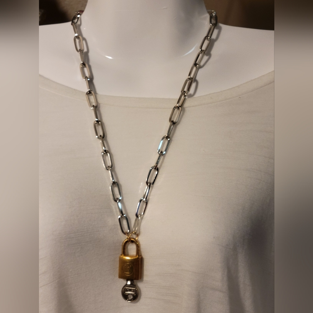 #312 AUTHENTIC RARE, Louis Vuitton Vintage Padlock 2 TONE BRASS/SILVER 22" Chain